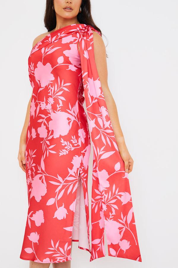 In The Style In The Style Floral Satin Asymmetric Draped Neckline Midi Dress Red