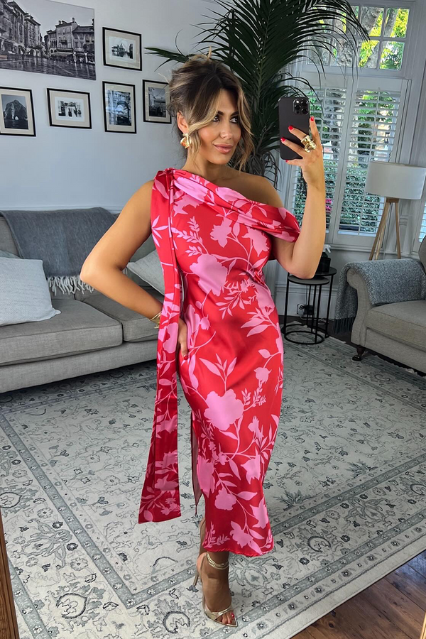 in the style In The Style Floral Satin Asymmetric Draped Neckline Midi Dress Red