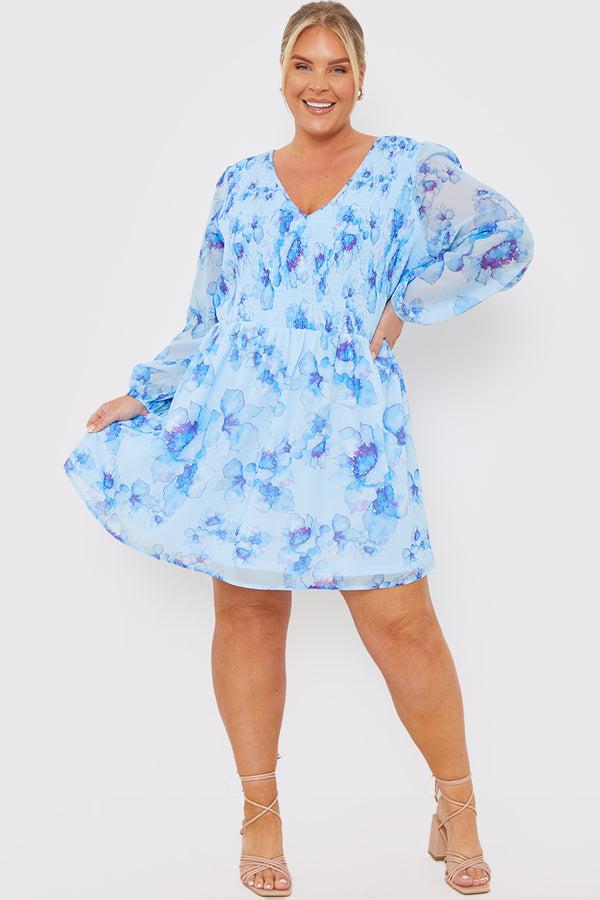 In The Style In The Style FLORAL SHIRRED BODICE MINI DRESS Blue