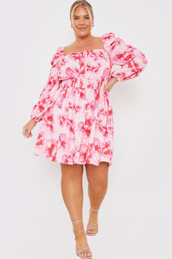 In The Style In The Style FLORAL SHIRRED WAIST MINI DRESS Pink