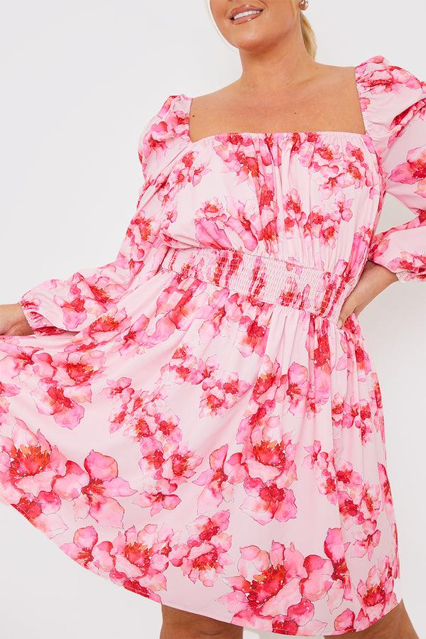 In The Style In The Style FLORAL SHIRRED WAIST MINI DRESS Pink