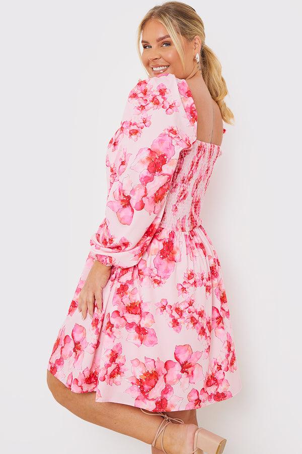 In The Style In The Style FLORAL SHIRRED WAIST MINI DRESS Pink