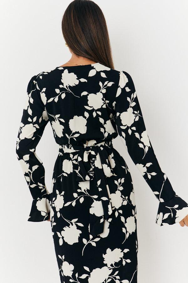 In The Style In The Style Floral Tie Wrap Detail Midi Dress Black