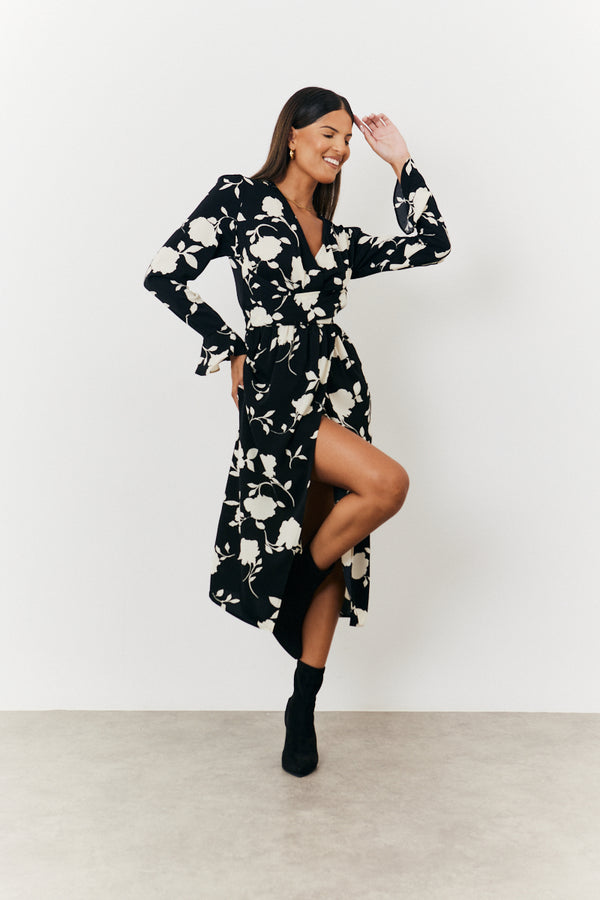 in the style In The Style Floral Tie Wrap Detail Midi Dress Black