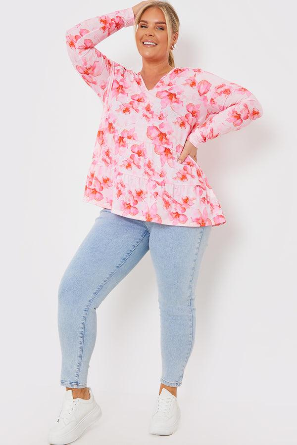 In The Style In The Style FLORAL TIERED JERSEY SMOCK TOP Pink