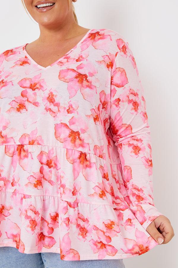 In The Style In The Style FLORAL TIERED JERSEY SMOCK TOP Pink