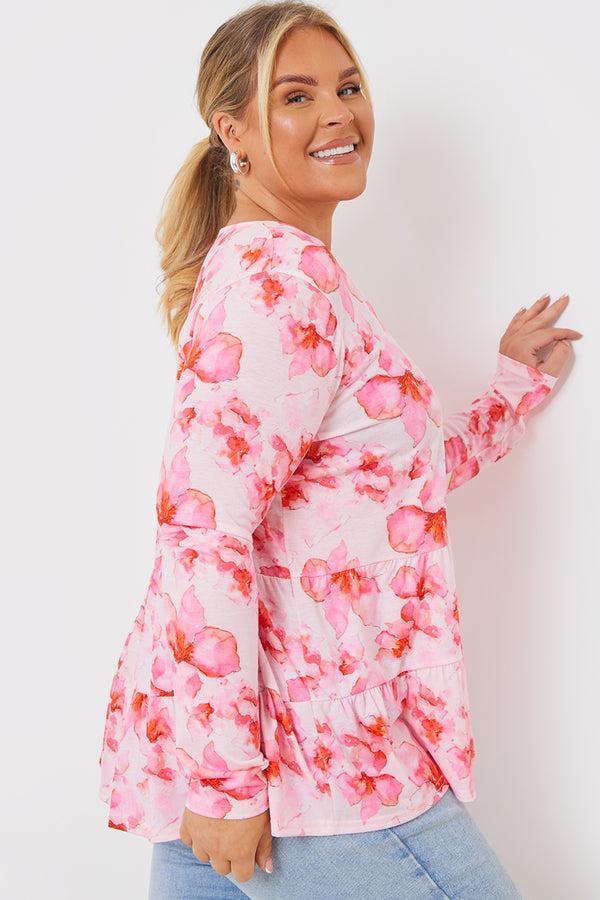 In The Style In The Style FLORAL TIERED JERSEY SMOCK TOP Pink