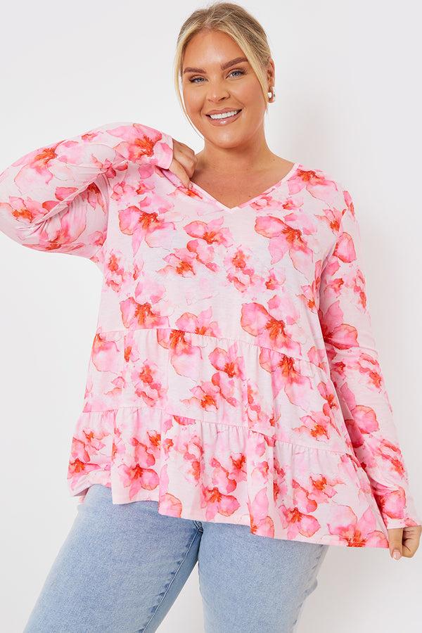 in the style In the Style FLORAL TIERED JERSEY SMOCK TOP Pink