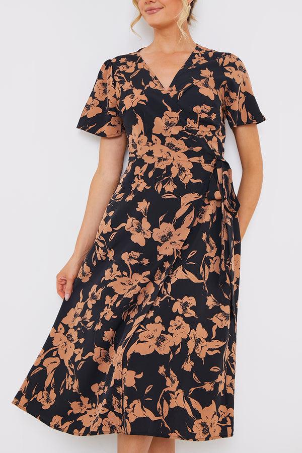 In The Style In The Style Floral Wrap Detail Midi Dress Brown