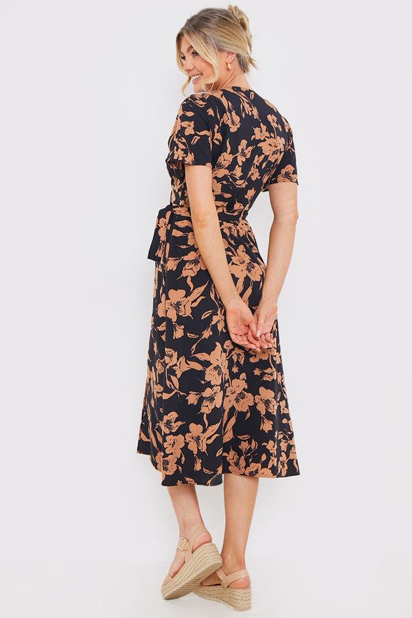 In The Style In The Style Floral Wrap Detail Midi Dress Brown