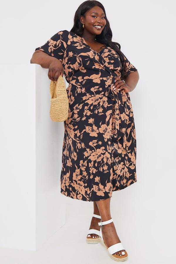 In The Style In The Style Floral Wrap Detail Midi Dress Brown