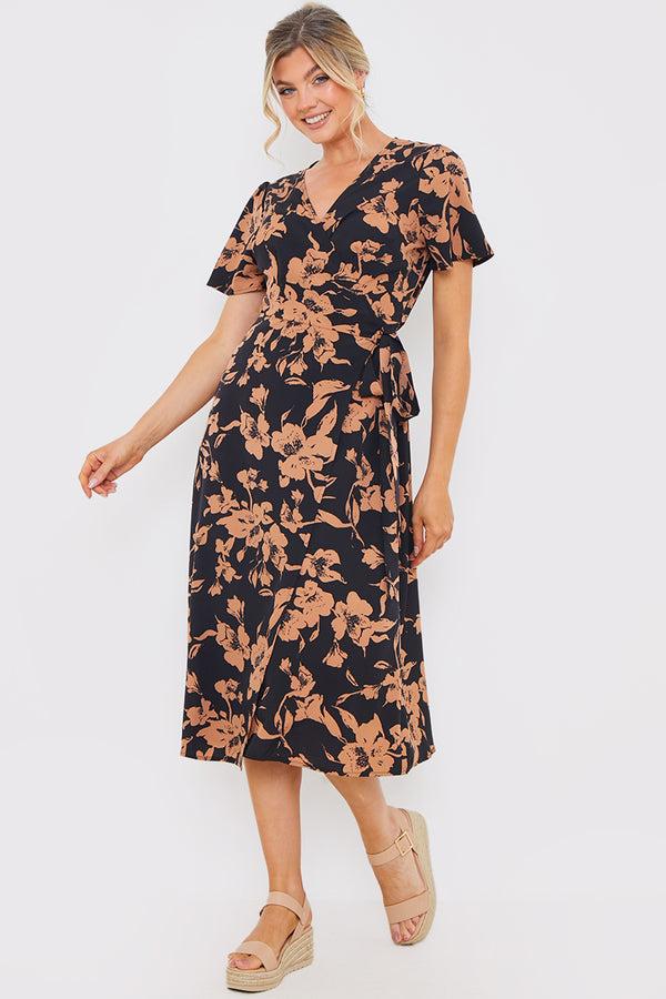 in the style In the Style Floral Wrap Detail Midi Dress Brown