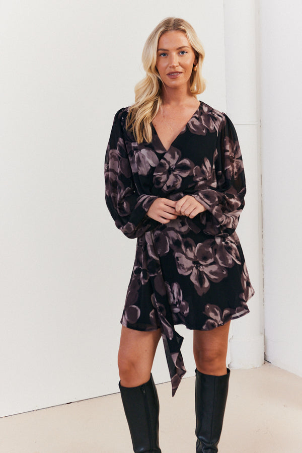 in the style In The Style Floral Wrap Front Detail Skater Dress Brown