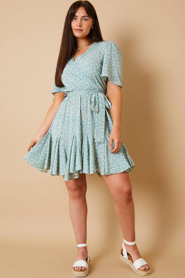 In The Style In The Style Floral Wrap Godet Mini Dress Sage