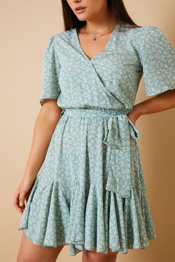 In The Style In The Style Floral Wrap Godet Mini Dress Sage