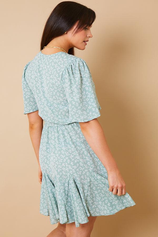 In The Style In The Style Floral Wrap Godet Mini Dress Sage