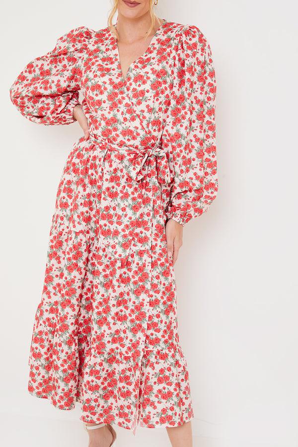 In The Style In The Style Floral Wrap Midi Dress Red