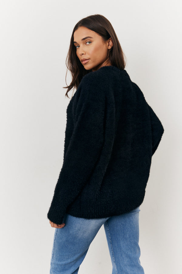 In The Style In The Style Fluffy Knit Embellished Bow Detail Cardigan Black