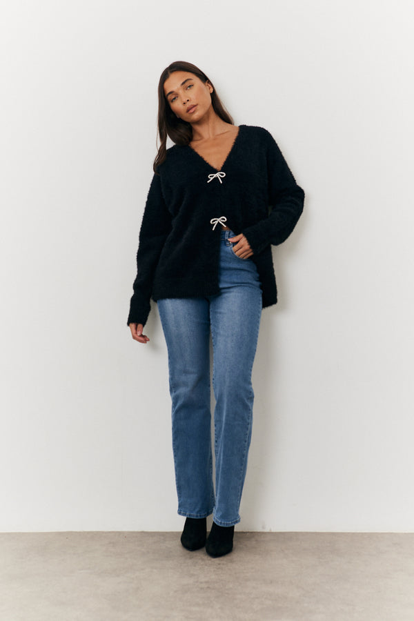In The Style In The Style Fluffy Knit Embellished Bow Detail Cardigan Black