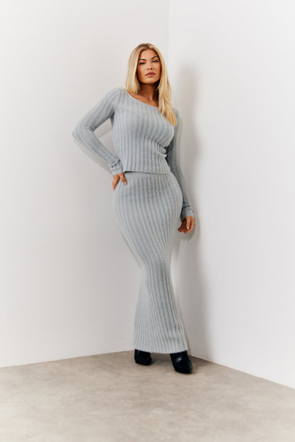 in the style In The Style Fluffy Rib Co-Ord Midaxi Skirt Grey