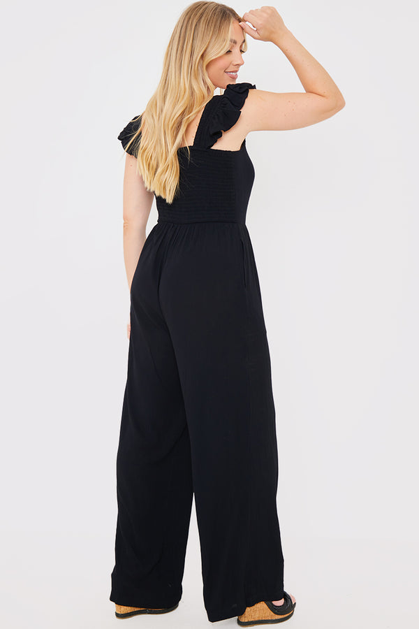 In The Style In The Style Frill Shoulder Crinkle Jumpsuit Black