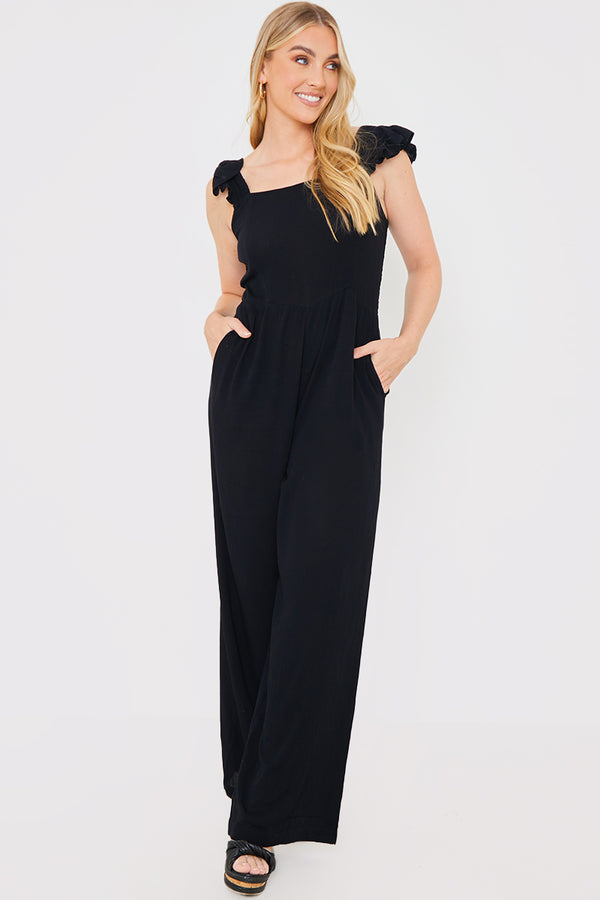 in the style In the Style Frill Shoulder Crinkle Jumpsuit Black