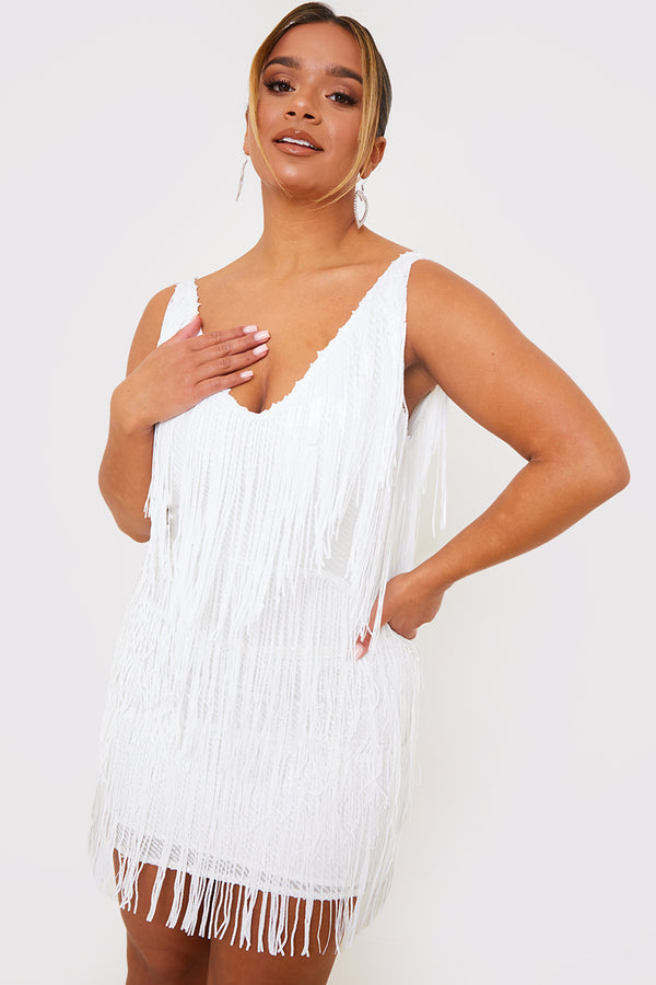 in the style In The Style Fringe Sequin Mini Dress White