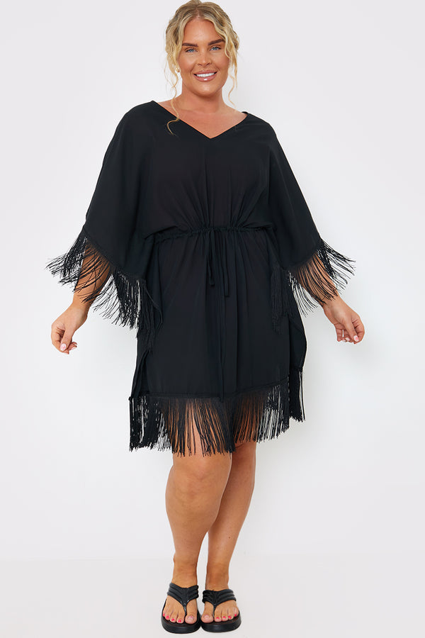 In The Style In The Style Fringe Tie Waist Beach Dress Black