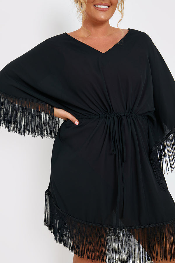 In The Style In The Style Fringe Tie Waist Beach Dress Black