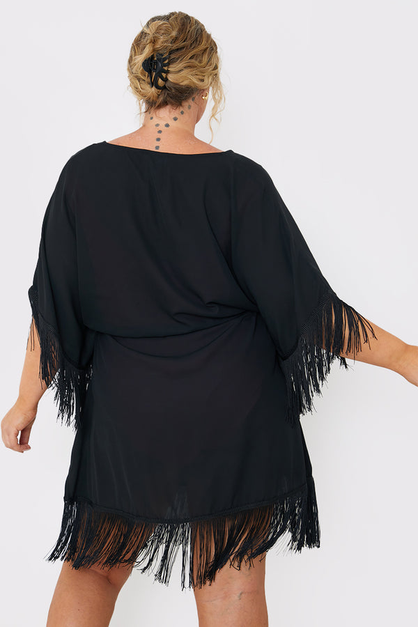 In The Style In The Style Fringe Tie Waist Beach Dress Black