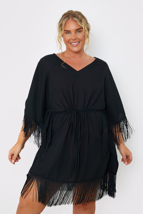 in the style In the Style Fringe Tie Waist Beach Dress Black