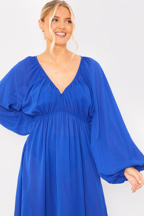 In The Style In The Style Gathered Chiffon Balloon Sleeve Maxi Dress Blue