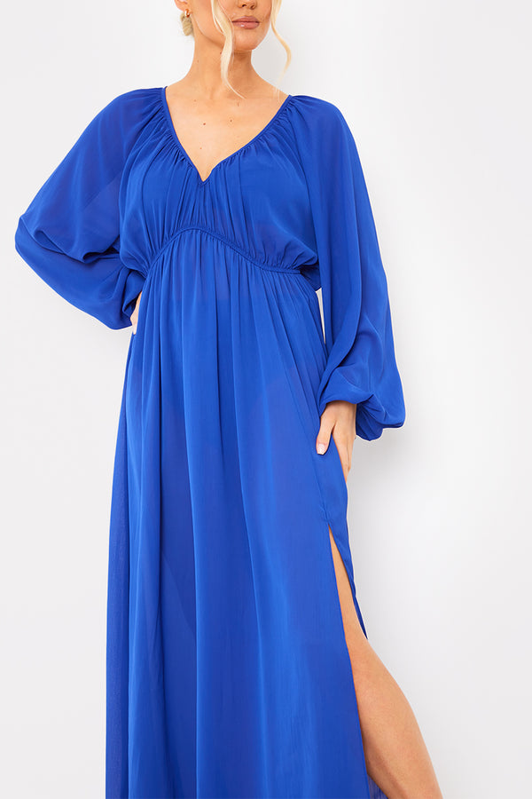 In The Style In The Style Gathered Chiffon Balloon Sleeve Maxi Dress Blue