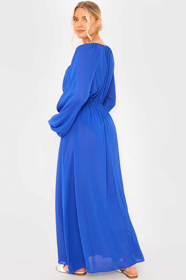 In The Style In The Style Gathered Chiffon Balloon Sleeve Maxi Dress Blue