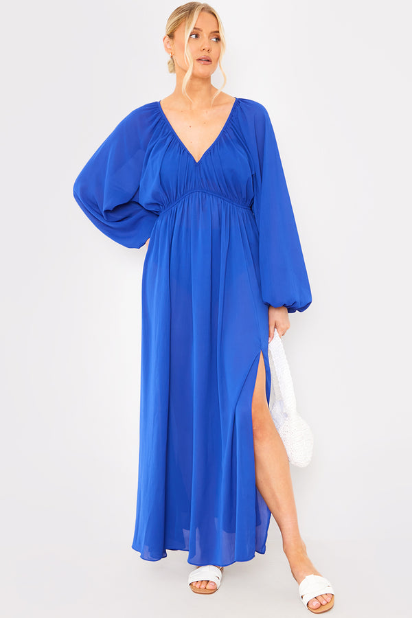 in the style In the Style Gathered Chiffon Balloon Sleeve Maxi Dress Blue