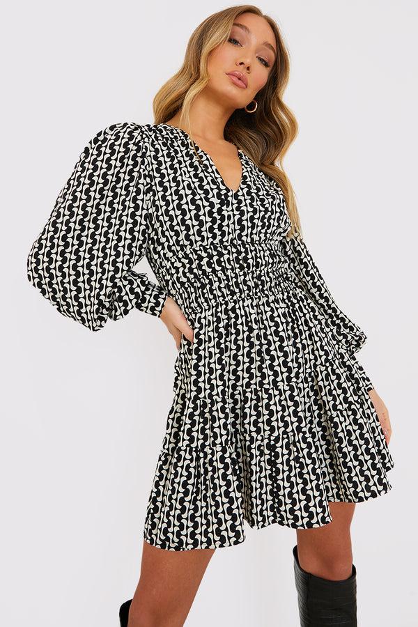in the style In the Style Geo Print Shirred Waist Skater Dress Monochrome