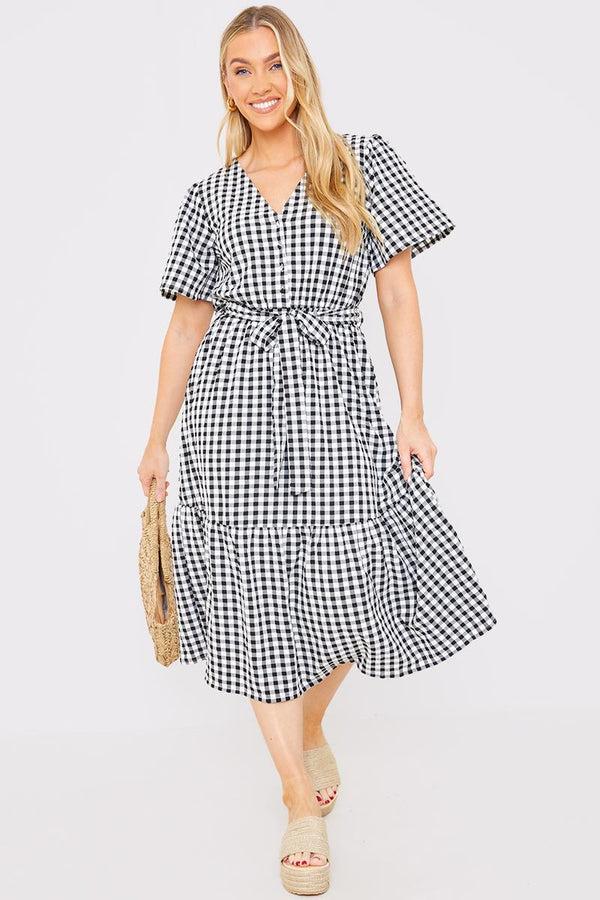 in the style In the Style Gingham Button Down Tiered Midi Dress Black