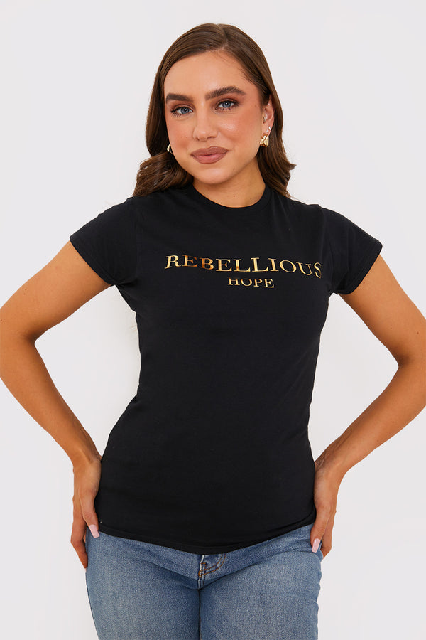 in the style In the Style Gold Foil Rebellious Hope Fitted T-Shirt Black