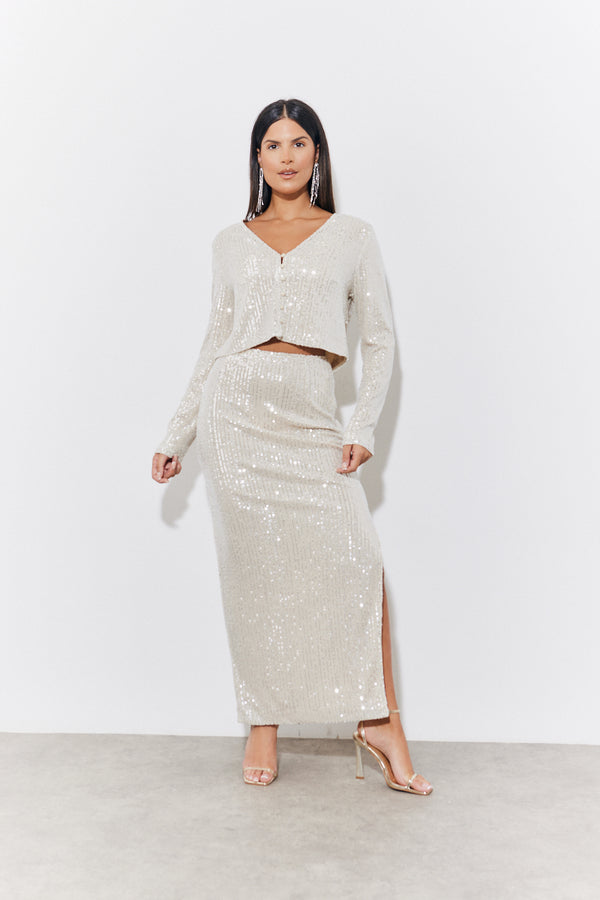 in the style In the Style Gold Sequin Slit Detail Midi Skirt Gold