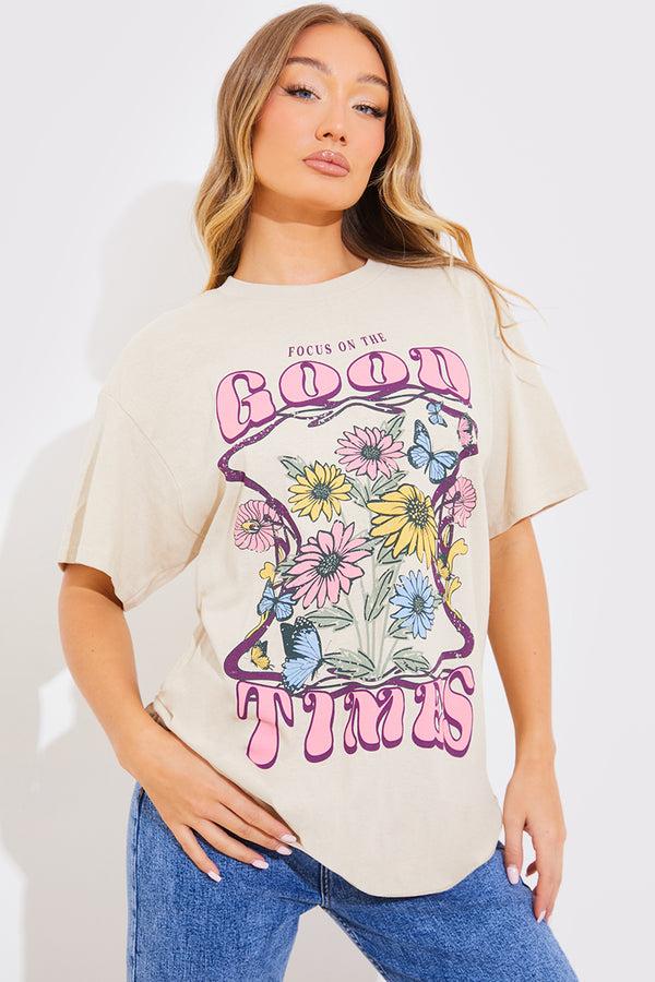 In The Style In The Style Good Times Motif T-Shirt Stone