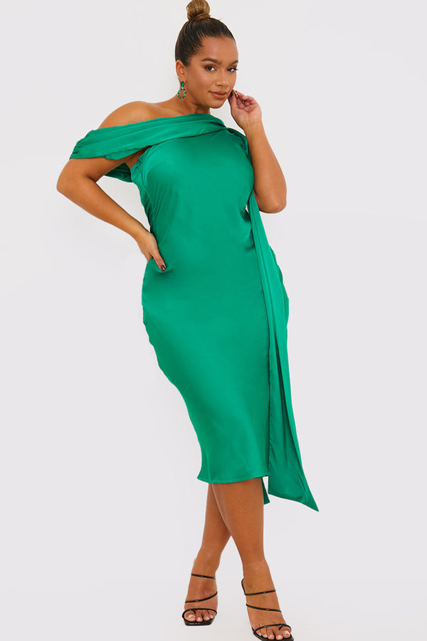 In The Style In The Style Green Satin Asymmetric Neckline Midi Dress Green