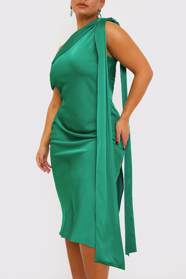 In The Style In The Style Green Satin Asymmetric Neckline Midi Dress Green