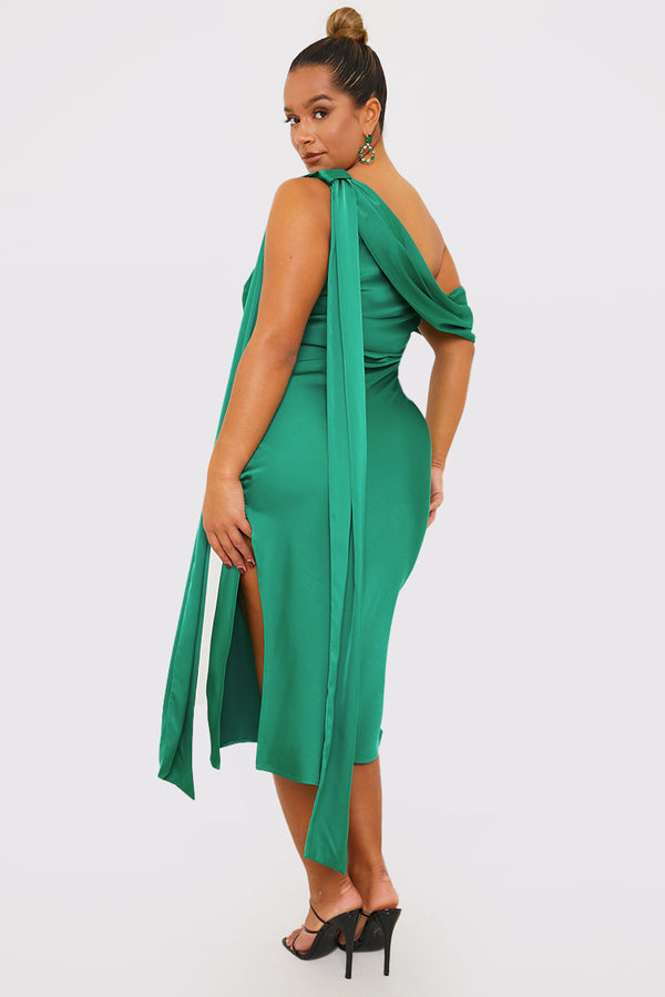 In The Style In The Style Green Satin Asymmetric Neckline Midi Dress Green