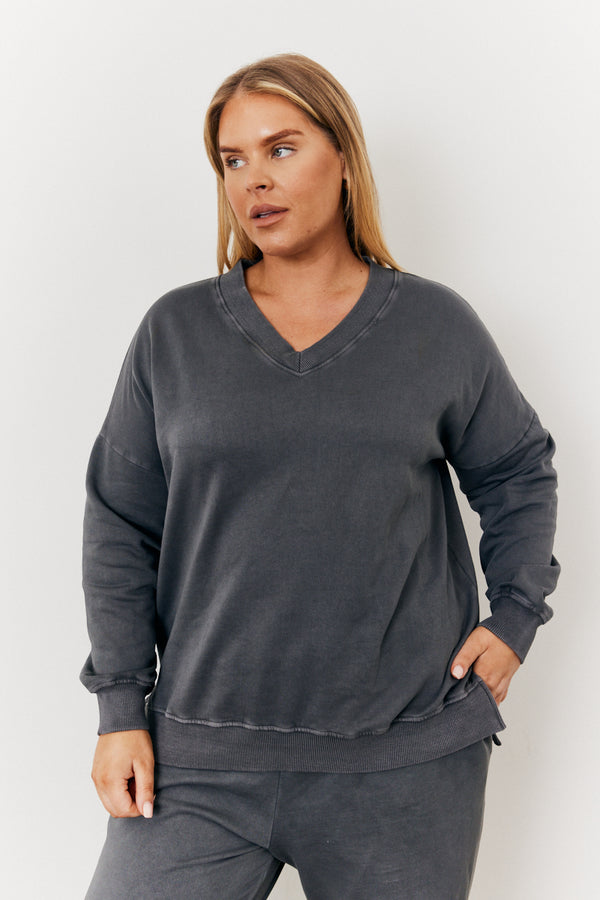 In The Style In The Style Grey Wash V Neck Split Hem Sweatshirt Dark Grey