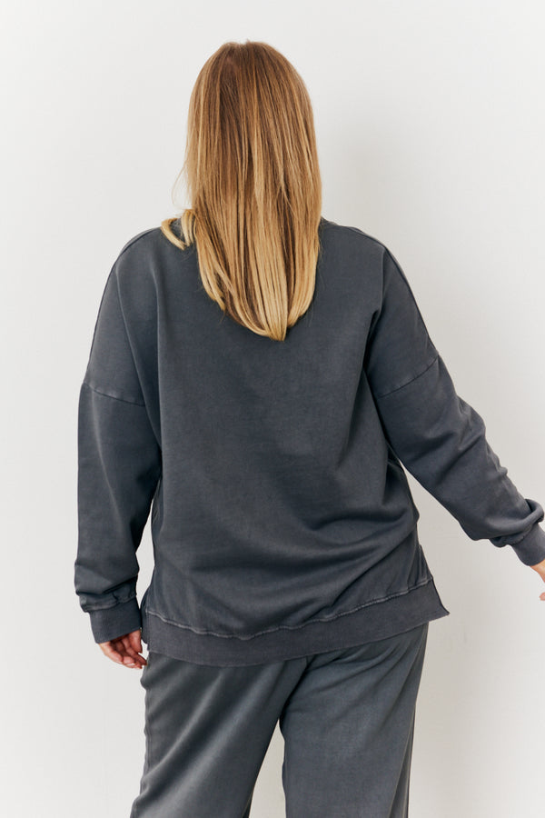 In The Style In The Style Grey Wash V Neck Split Hem Sweatshirt Dark Grey