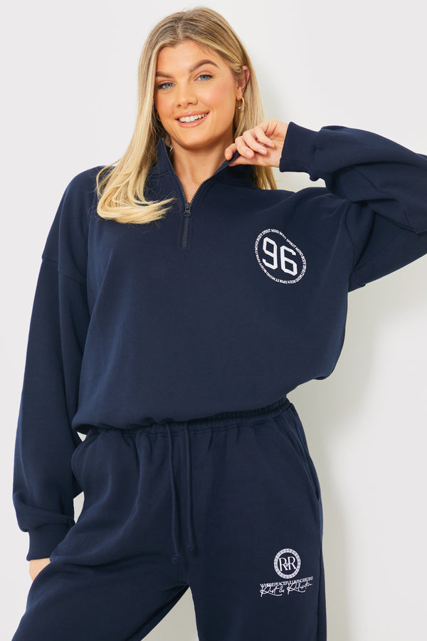 in the style In the Style Half Zip '96' Printed Toggle Sweater Navy