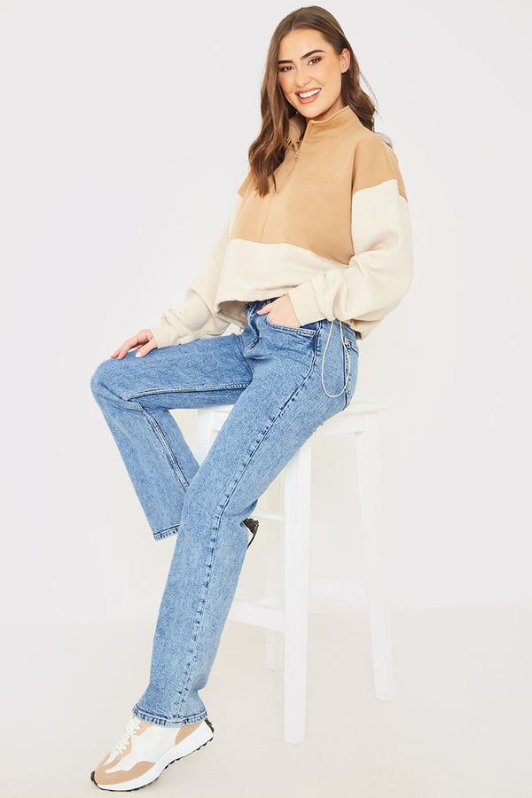 In The Style In The Style Half Zip Colour Block Toggle Sweat Camel