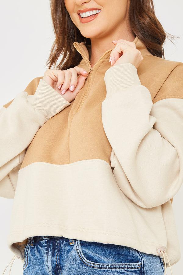 In The Style In The Style Half Zip Colour Block Toggle Sweat Camel