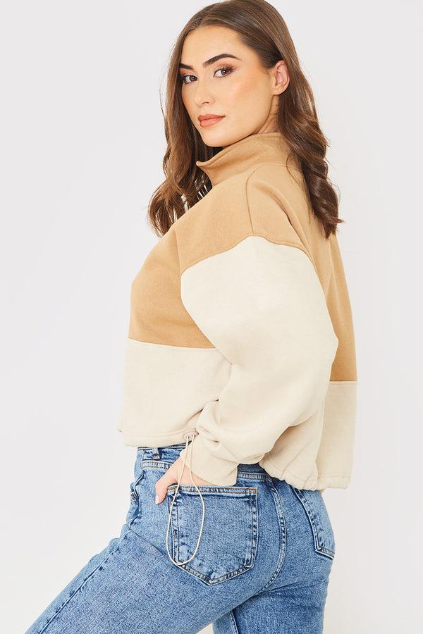 In The Style In The Style Half Zip Colour Block Toggle Sweat Camel