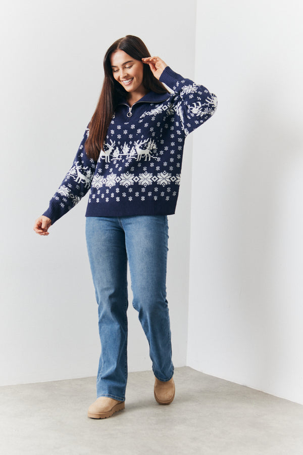 In The Style In The Style Half Zip Reindeer Fairisle Knitted Jumper Navy